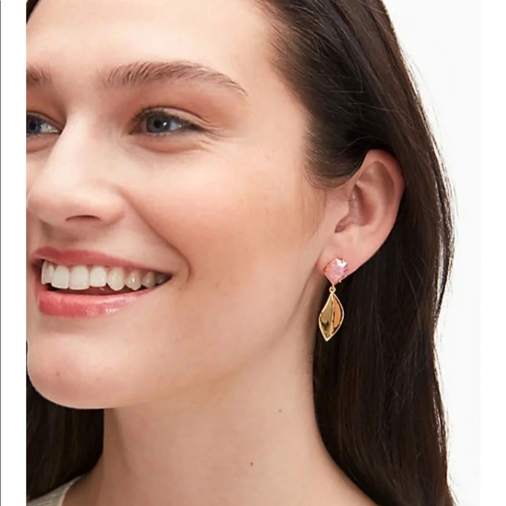 kate spade Gold Leaf Drop Earrings with Pink Stone Accents